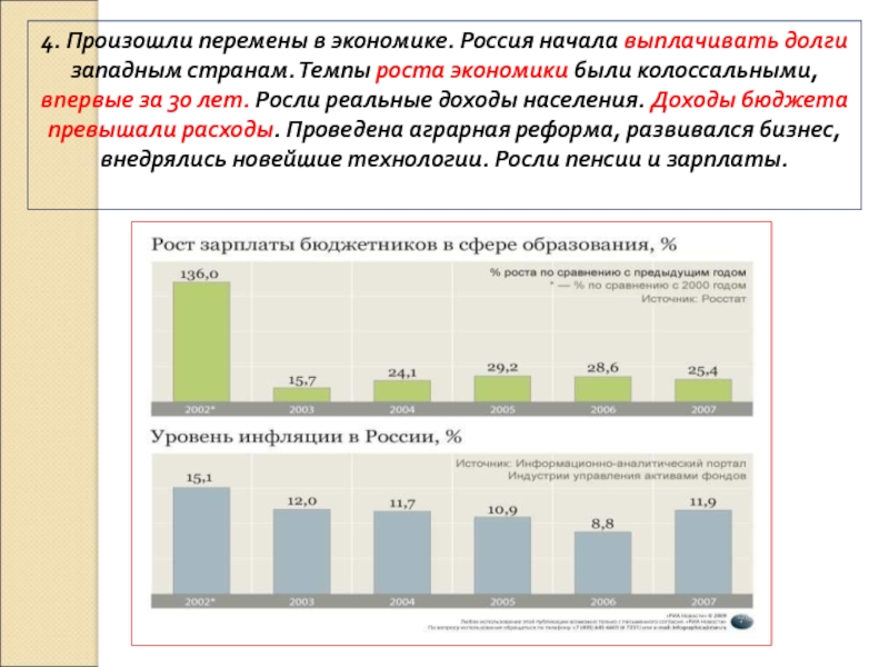 8. Россия в 21 веке 4. Произошли перемены в экономике. Россия начала выплачивать долги западным странам. 4. Произошли перемены в экономике. Россия начала выплачивать долги западным странам. Темпы роста экономики были колоссальными, впервые