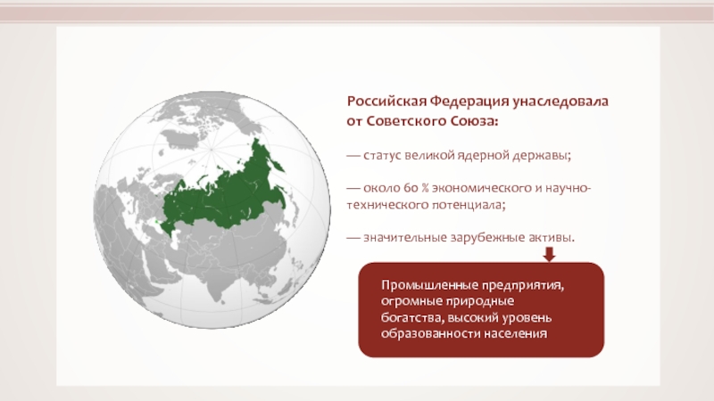 Российская Федерация унаследовала
от Советского Союза:
— статус великой ядерной