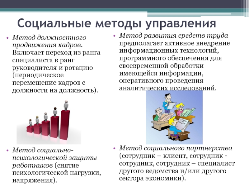 Принципы и методы управления Социальные методы управленияМетод должностного продвижения кадров. Включает переход из ранга специалиста Социальные методы управленияМетод должностного продвижения кадров. Включает переход из ранга специалиста в ранг руководителя и ротацию (периодическое