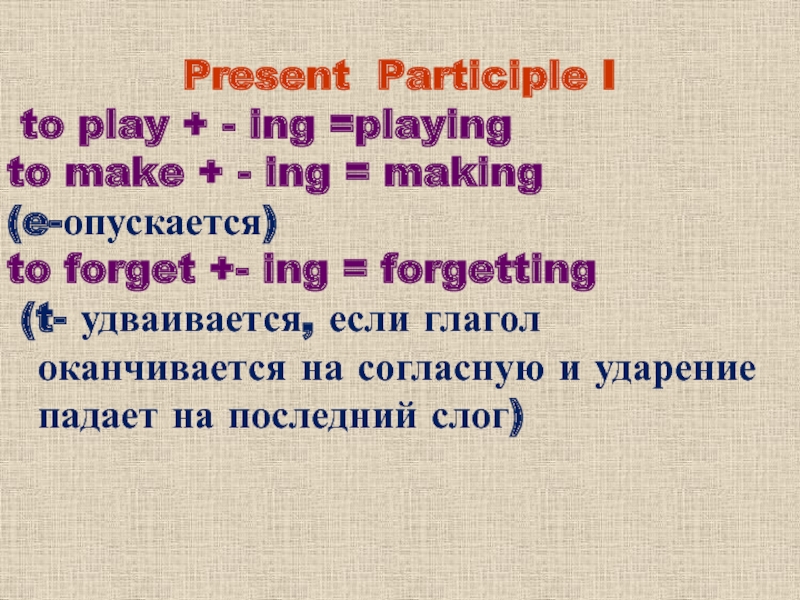 Make ing. Причастие 1 и Причастие 2 в английском языке. Play + ing. Разница forget to forget ing. Английский формы глагола play