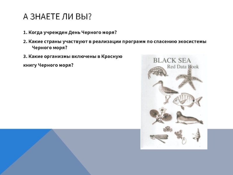 А знаете ли вы?1. Когда учрежден День Черного моря?2. Какие страны участвуют в реализации программ по спасению