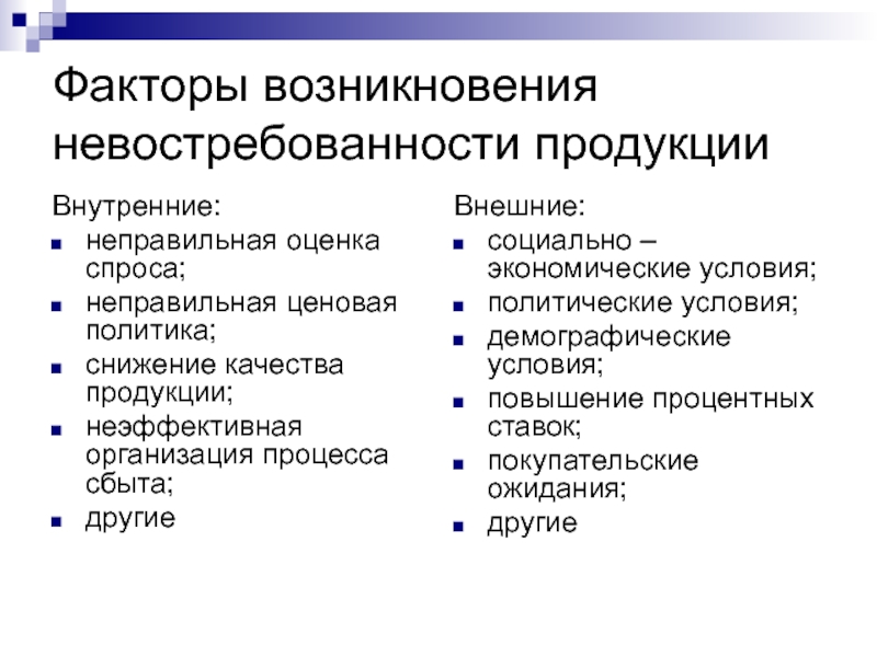 Отметить внешне. Факторы возникновения невостребованной продукции. Причины ухудшения качества продукции. Внутренние факторы риска невостребованной продукции. Внешние факторы риска невостребованной продукции.