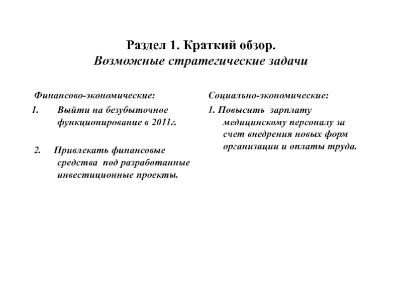 Раздел 1. Краткий обзор. Возможные стратегические задачиФинансово-экономические:Выйти на безубыточное функционирование в 2011г.     2.