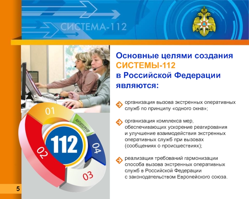 Основные целями создания СИСТЕМЫ-112  в Российской Федерации являются:организация вызова экстренных оперативных служб по принципу «одного окна»;организация