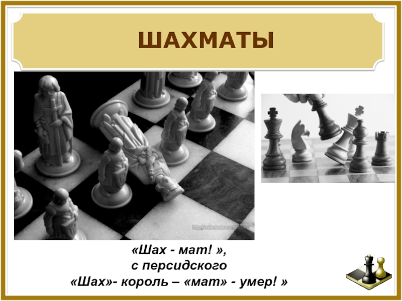 ШАХМАТЫ«Шах - мат! », с персидского«Шах»- король – «мат» - умер! »