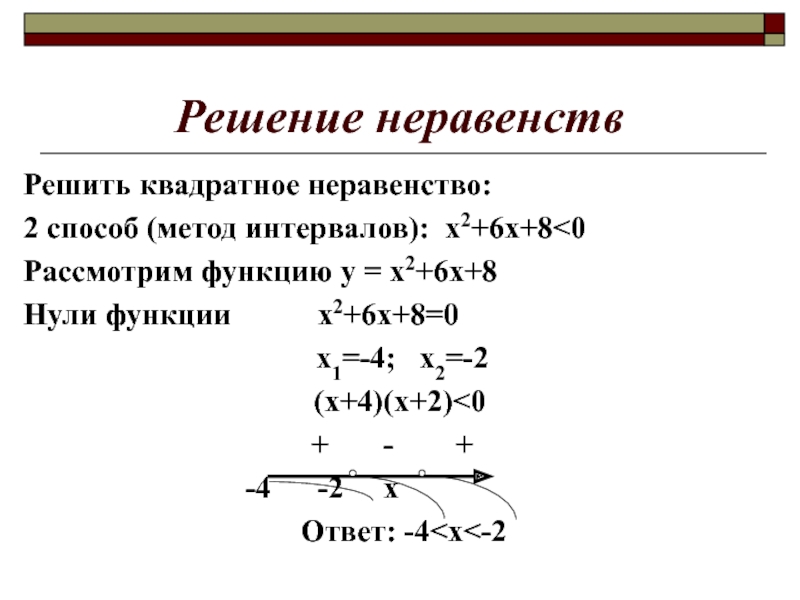 Решение квадратных неравенств методом интервалов презентация