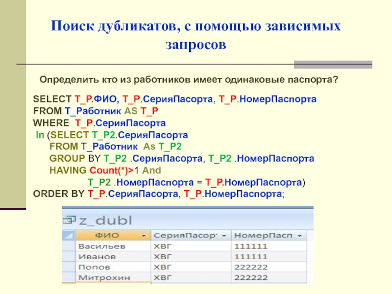 Конкретный запрос. Поиск дубликатов. Возможности запросов. Типовые запросы зависимых. Дубликаты в поисковых запросах для чего используются.