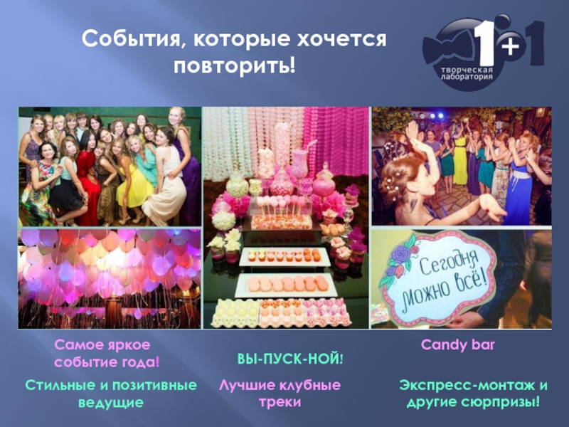 Презентация События, которые хочется повторить!
Candy bar
Стильные и позитивные