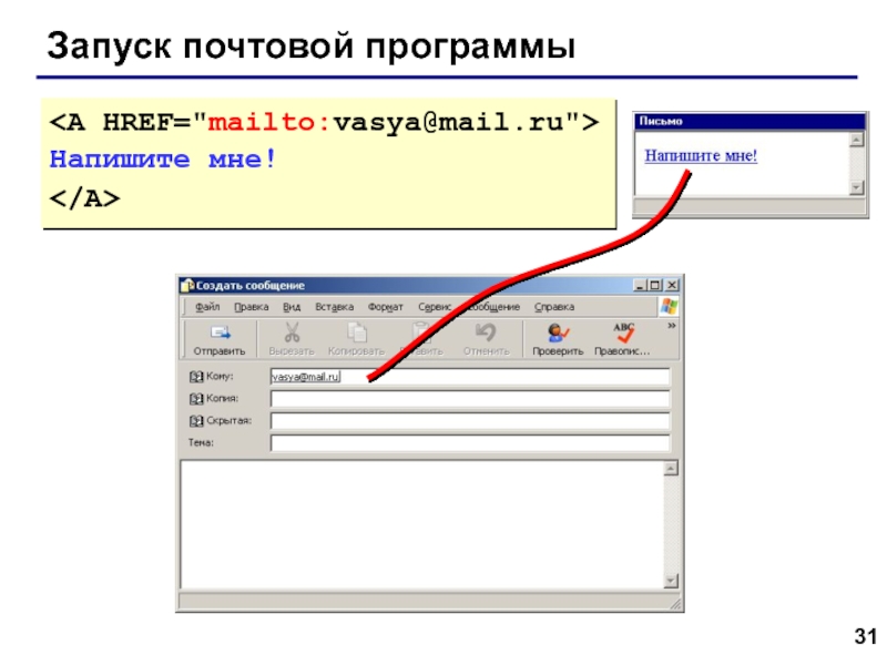 Web- страницы. Язык HTML Запуск почтовой программыНапишите мне! Запуск почтовой программыНапишите мне!