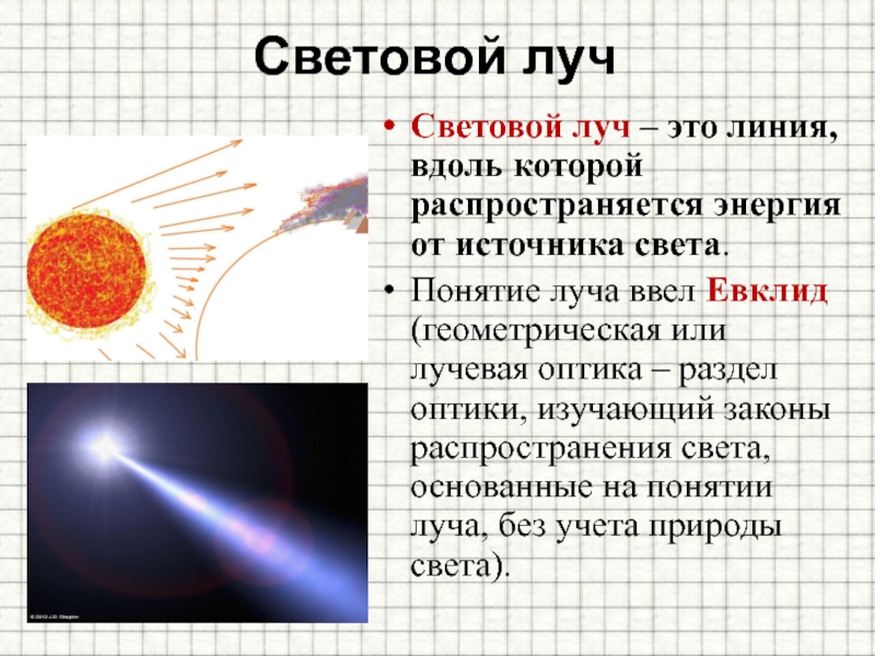 Линия вдоль. Луч. Понятие луча. Диния вдоль которой распространятееся сет. Дополнительные лучи.