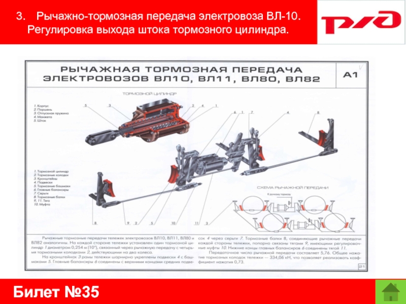 Билет №353.	Рычажно-тормозная передача электровоза ВЛ-10. Регулировка выхода штока тормозного цилиндра.