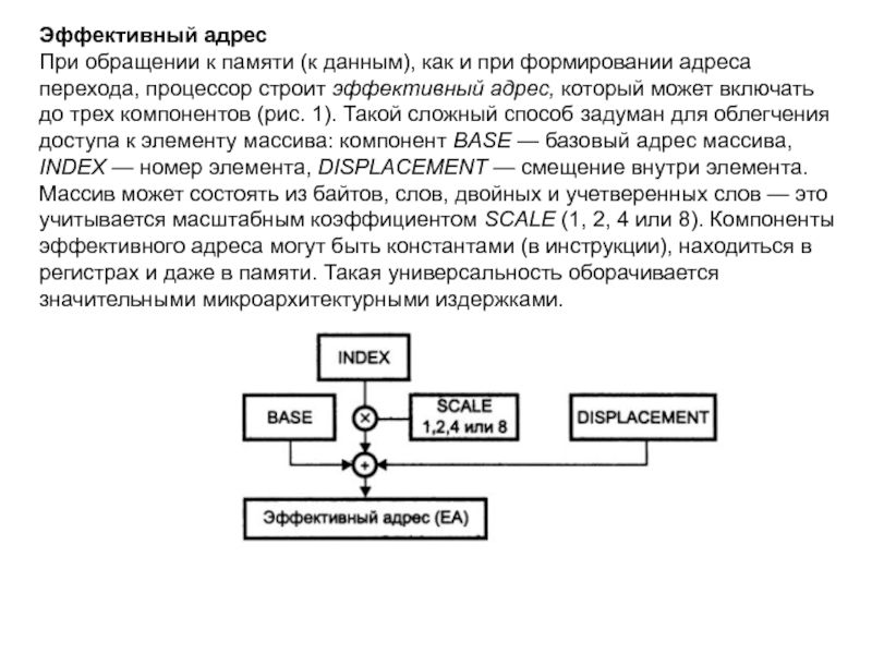 Эффективный адресПри обращении к памяти (к данным), как и при формировании адреса перехода, процессор строит эффективный адрес,