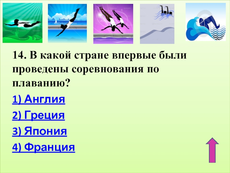 14. В какой стране впервые были проведены соревнования по плаванию?1) Англия2) Греция3) Япония4) Франция