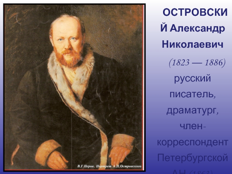 ОСТРОВСКИЙ Александр Николаевич (1823 — 1886) русский писатель, драматург, член-корреспондент Петербургской АН (1863).