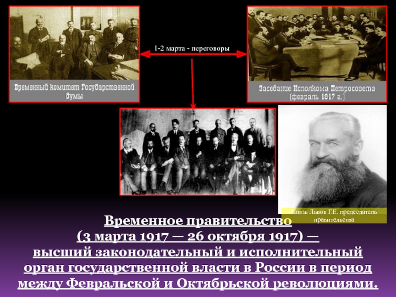 Временное правительство (3 марта 1917 — 26 октября 1917) — высший законодательный и исполнительный орган государственной власти в России