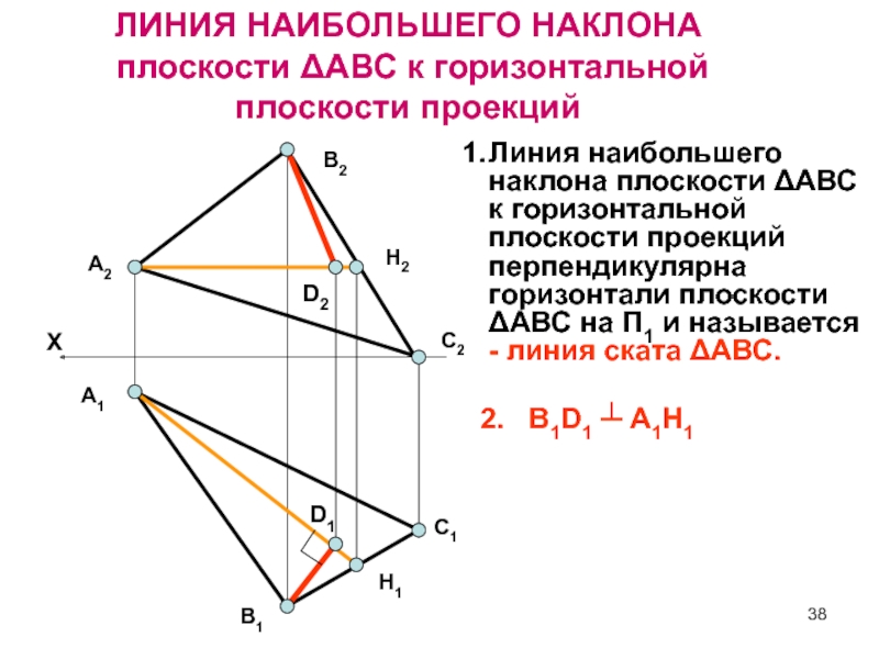 Определить углы наклона плоскости к плоскостям проекций. Линии наибольшего наклона треугольника. Определить угол наклона к заданной плоскости. Угол наклона треугольника к плоскости проекции. Угол наклона к горизонтальной плоскости проекции.