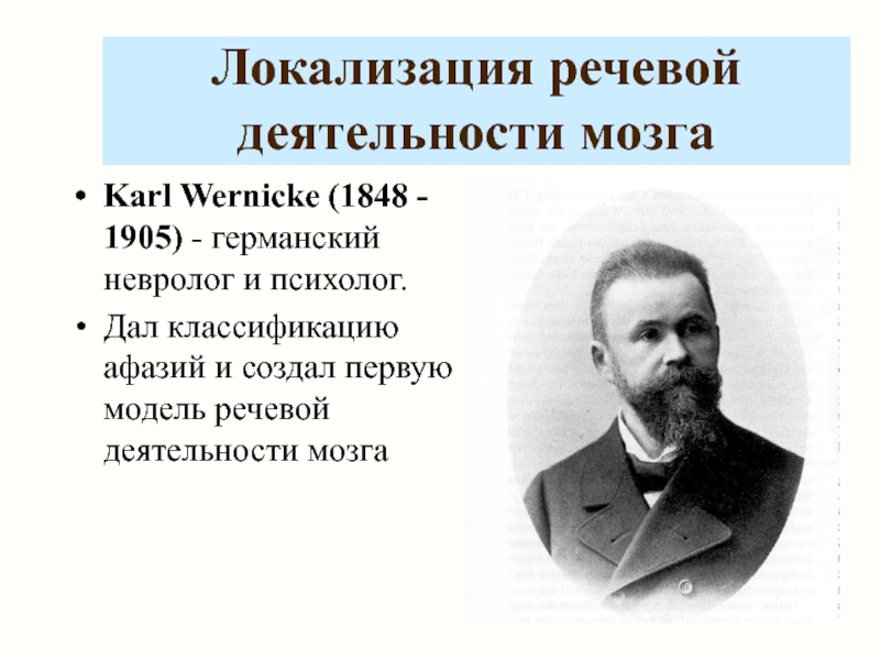 Локализация речевой деятельности мозга Karl Wernicke (1848 - 1905) - германский невролог и психолог.Дал классификацию афазий и