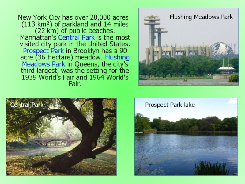 New York City has over 28,000 acres (113 km²) of parkland and 14 miles (22 km) of