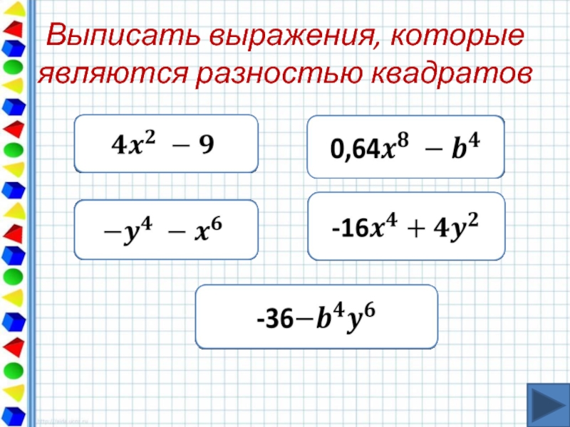 Произведение выражений. Выражения которые являются разностью квадратов. Квадрат разности x и y. Выписать выражения. Презентация по теме разность квадратов двух выражений 7 кл Мерзляк.