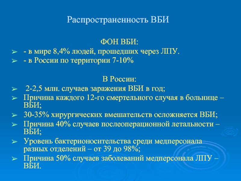 Распространенность ВБИФОН ВБИ: - в мире 8,4% людей, прошедших через ЛПУ.- в России по территории 7-10%В России: