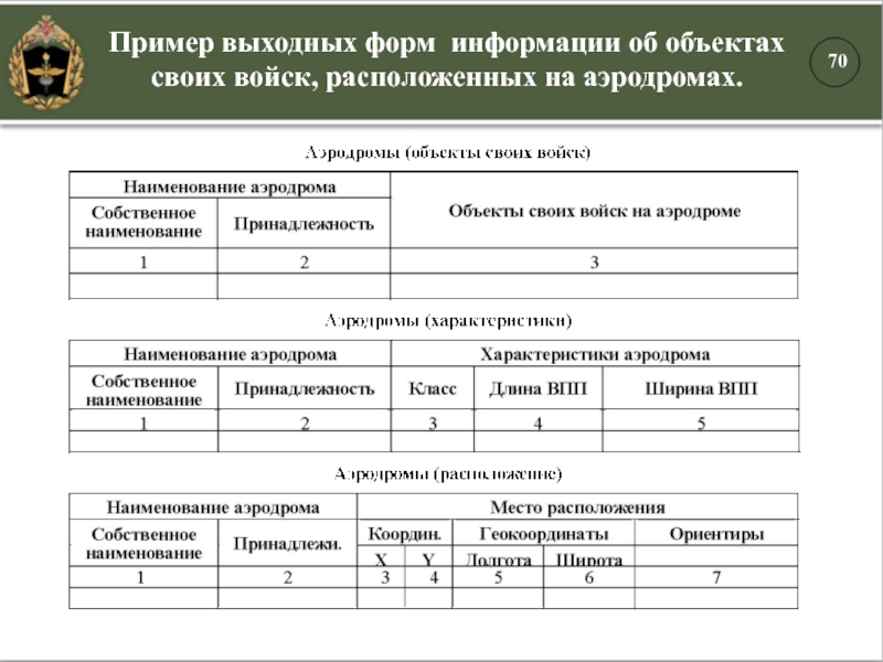 Пример выходных форм информации об объектах своих войск, расположенных на аэродромах.