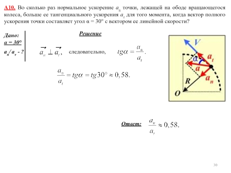 А10. Во сколько раз нормальное ускорение аn точки, лежащей на ободе вращающегося колеса, больше ее тангенциального ускорения