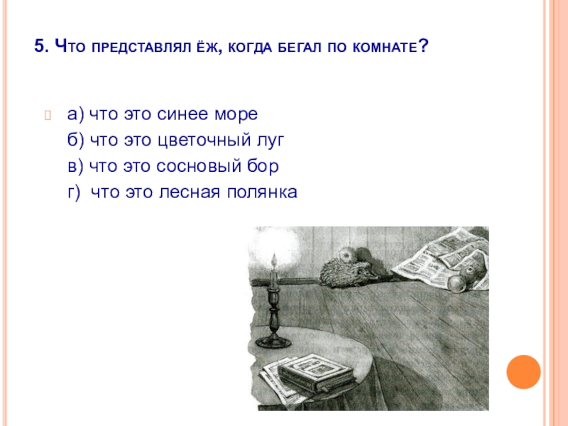 5. Что представлял ёж, когда бегал по комнате?  а) что это синее море   б) что это цветочный