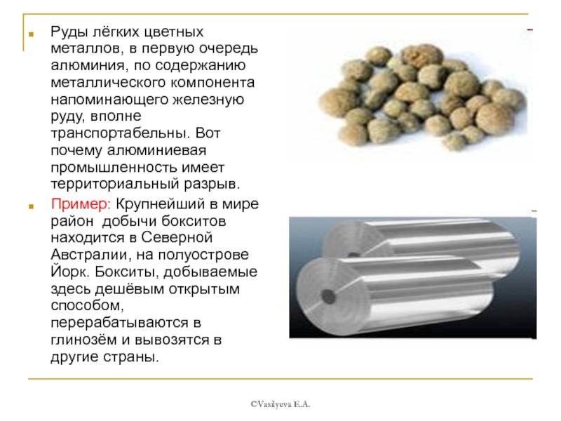 ©Vasilyeva E.A.Руды лёгких цветных металлов, в первую очередь алюминия, по содержанию металлического компонента напоминающего железную руду, вполне