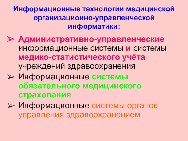 Управленческие информационные системы. Медицинская организационно управленческая Информатика. Информационные системы органов управления здравоохранением. Административно- управленческие ИС. Информационные технологии для управления медицинскими учреждениями..