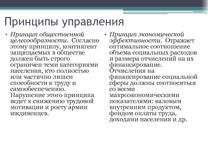 Принципы и методы управления Принципы управленияПринцип общественной целесообразности. Согласно этому принципу, контингент защищаемых в обществе Принципы управленияПринцип общественной целесообразности. Согласно этому принципу, контингент защищаемых в обществе должен быть строго ограничен теми категориями