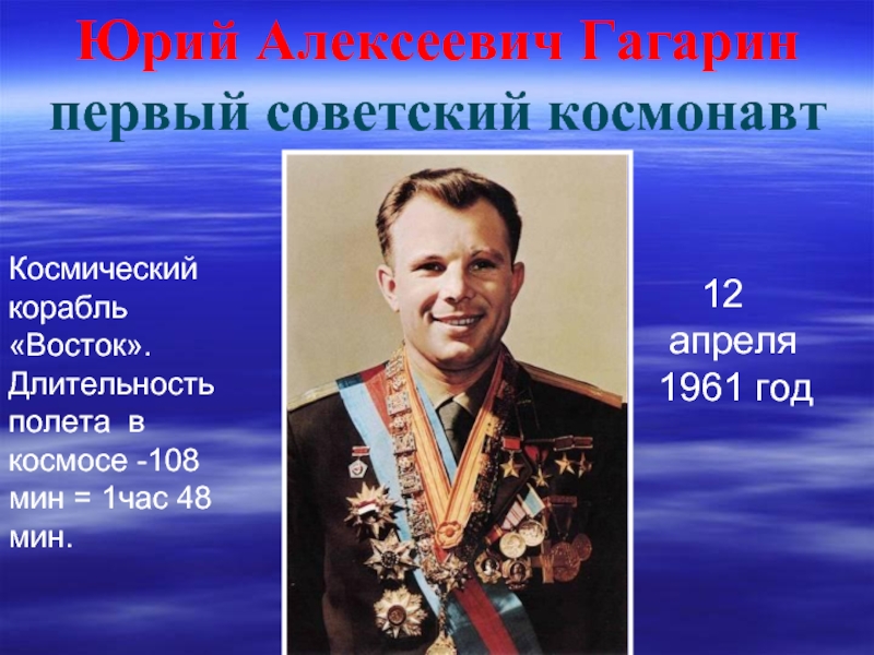 Юрий Алексеевич Гагаринпервый советский космонавт    12      апреля