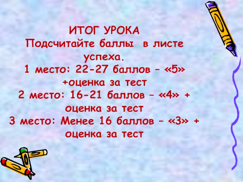 Балла лист. Итог урока подсчет баллов. 2 За тест.