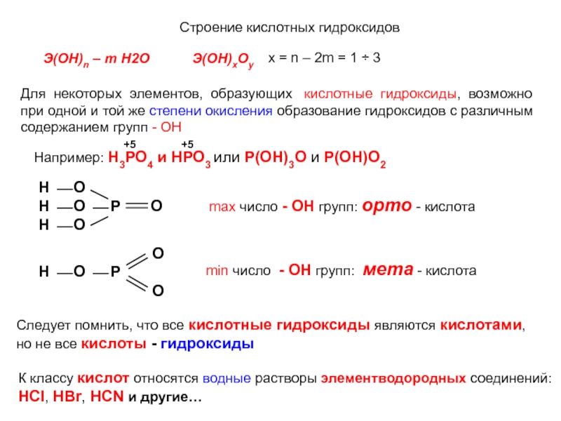 Строение кислотных гидроксидов
Э(ОН) n – m H2O
Э(ОН) x O y
x = n – 2m = 1 
