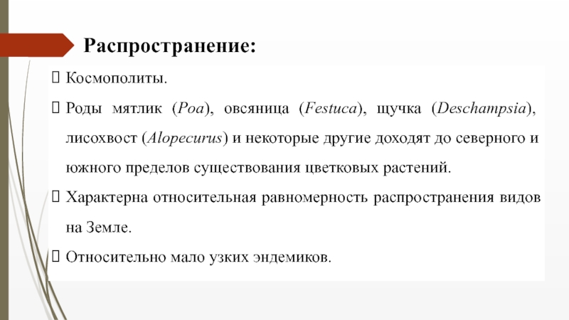 Семейство Злаковые ( Роасеае Barnh.) Распространение:Космополиты.Роды мятлик (Poa), овсяница (Festuca), щучка (Deschampsia), лисохвост (Alopecurus) и некоторые Распространение:Космополиты.Роды мятлик (Poa), овсяница (Festuca), щучка (Deschampsia), лисохвост (Alopecurus) и некоторые другие доходят до северного и южного
