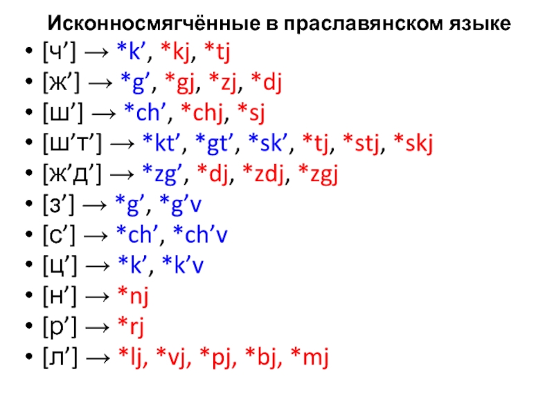 Исконносмягчённые в праславянском языке[ч’] → *k’, *kj, *tj[ж’] → *g’, *gj, *zj, *dj[ш’] → *ch’, *chj, *sj[ш’т’]