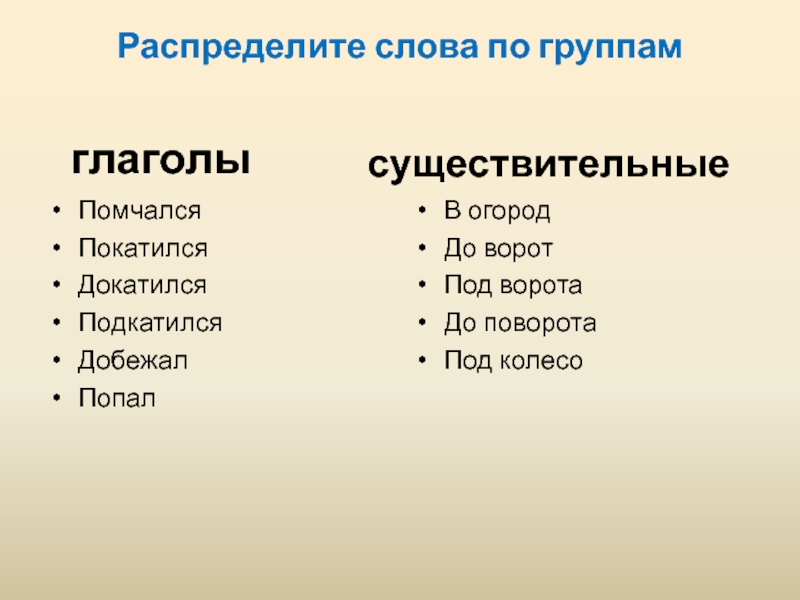 Распределить слова по группам горемыка