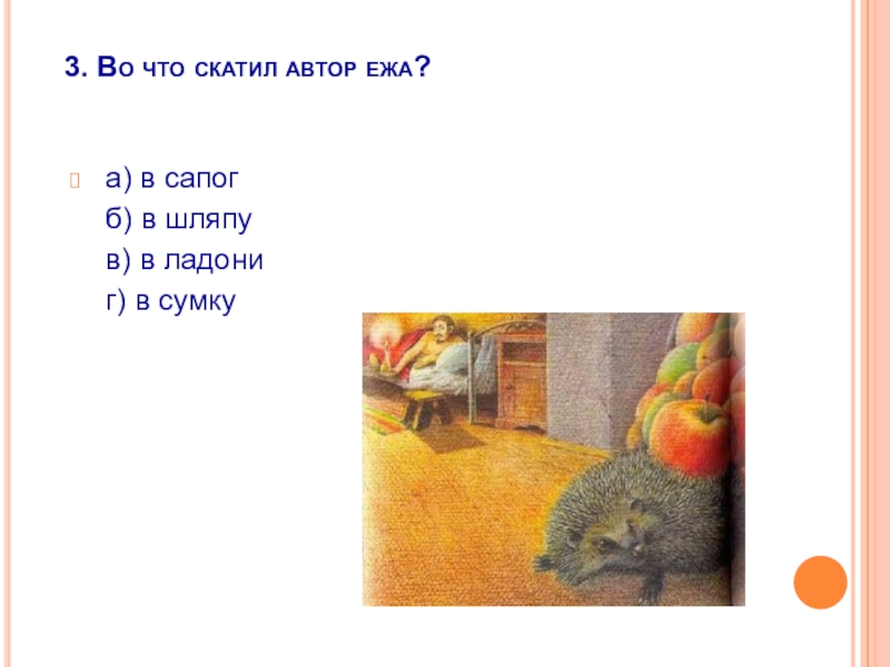  3. Во что скатил автор ежа?  а) в сапог   б) в шляпу   в) в ладони   г) в