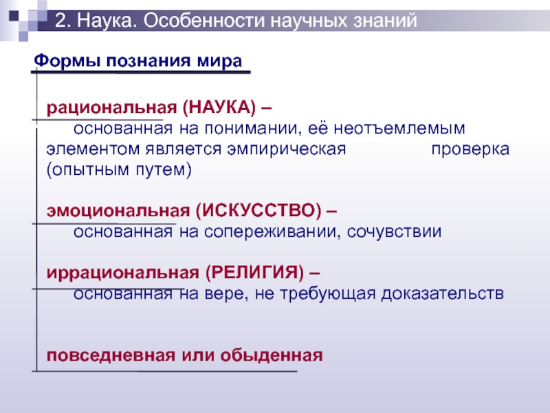 2 особенности науки. Особенности науки. Формы познания мира. Особенностью научных знаний является. Научное знание основано на.