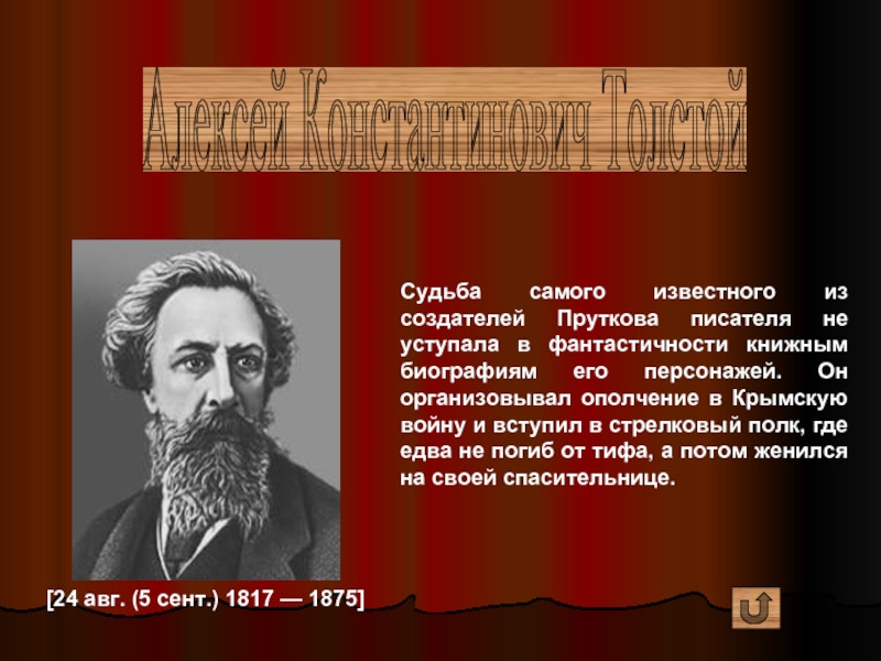 Алексей Константинович Толстой [24 авг. (5 сент.) 1817 — 1875] Судьба самого известного из создателей Пруткова писателя