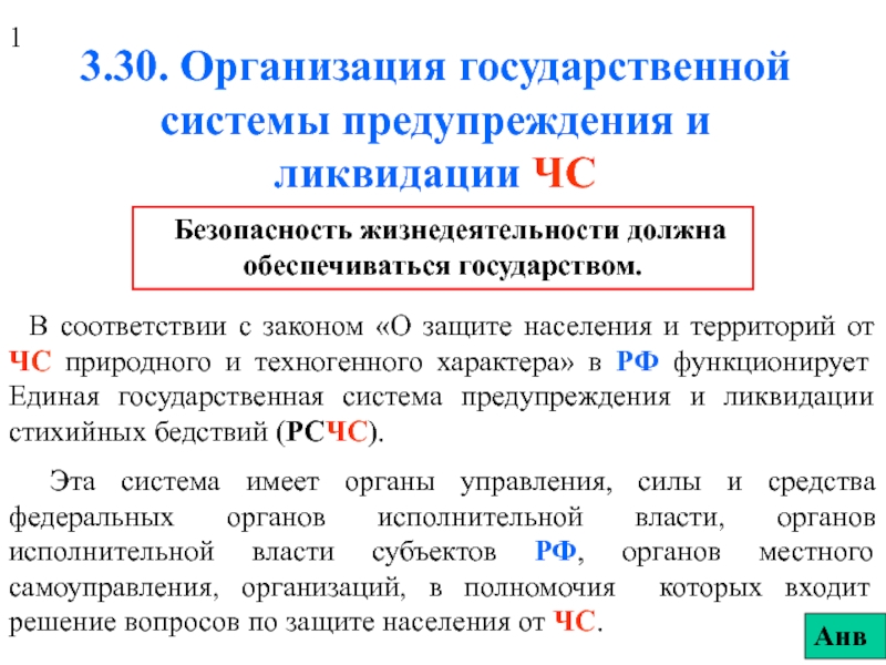 Презентация 3.30. Организация государственной системы предупреждения и ликвидации ЧС