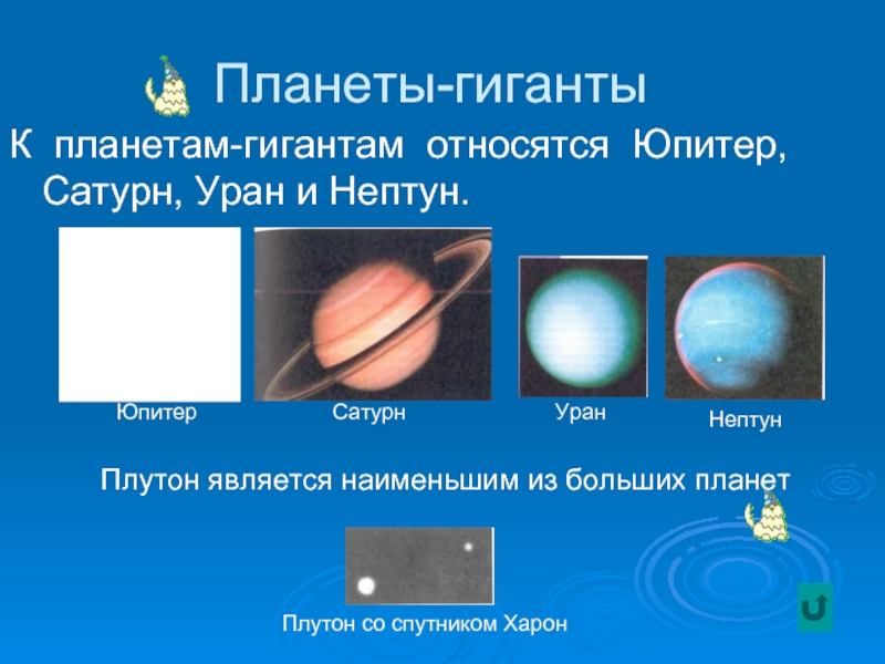 Планеты-гигантыК планетам-гигантам относятся Юпитер, Сатурн, Уран и Нептун.ЮпитерСатурнУранНептунПлутон со спутником ХаронПлутон является наименьшим из больших планет