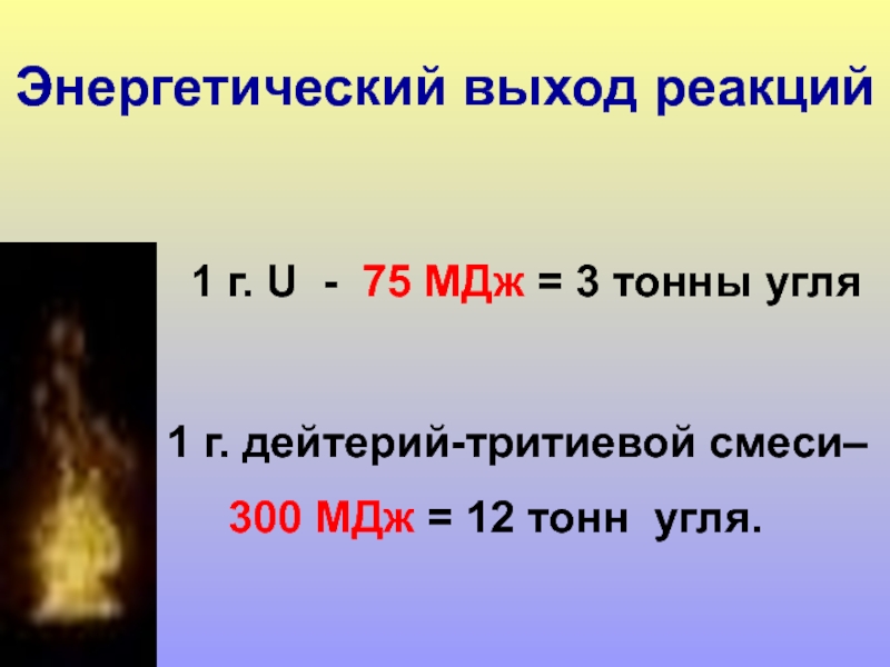 1 г. U - 75 МДж = 3 тонны угля  1 г. дейтерий-тритиевой смеси– 300 МДж
