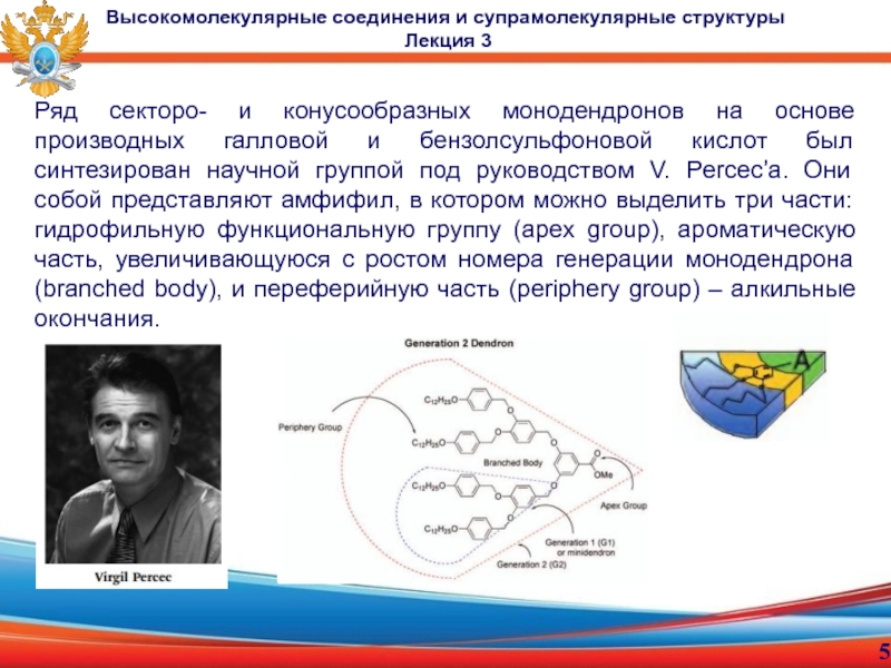доцент, к.х.н. Малахова Юлия Николаевна
Лекция 3
Высокомолекулярные Высокомолекулярные соединения и супрамолекулярные структуры Лекция 3Ряд секторо- и конусообразныx монодендронов Высокомолекулярные соединения и супрамолекулярные структуры Лекция 3Ряд секторо- и конусообразныx монодендронов на основе производных галловой и бензолсульфоновой