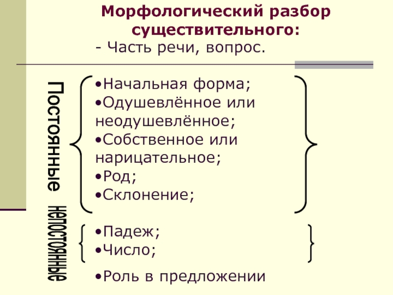 Морфологические признаки существительных. Морфологические признаки существительного. Морфологический разбор сущ. Морфологический разбор существительного в именительном падеже. Морфологический разбор слова существительного.