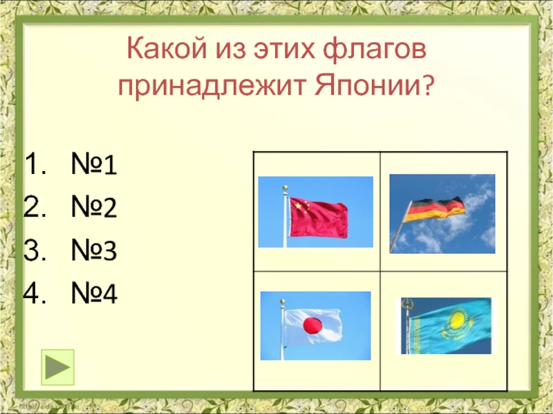 Какой из этих флагов принадлежит Японии?№1№2№3№4