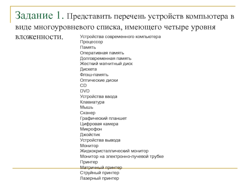 Список имей. Многоуровневый список устройств компьютера. Состав компьютера в виде многоуровневого списка. Многоуровневый список 6 класс. Трехуровневый список на тему компьютерных устройств.