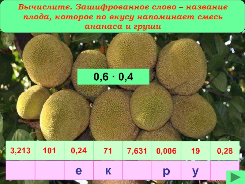 Вычислите. Зашифрованное слово – название плода, которое по вкусу напоминает смесь ананаса и груши 0,6 · 0,43,2131010,24717,6310,006190,28екру