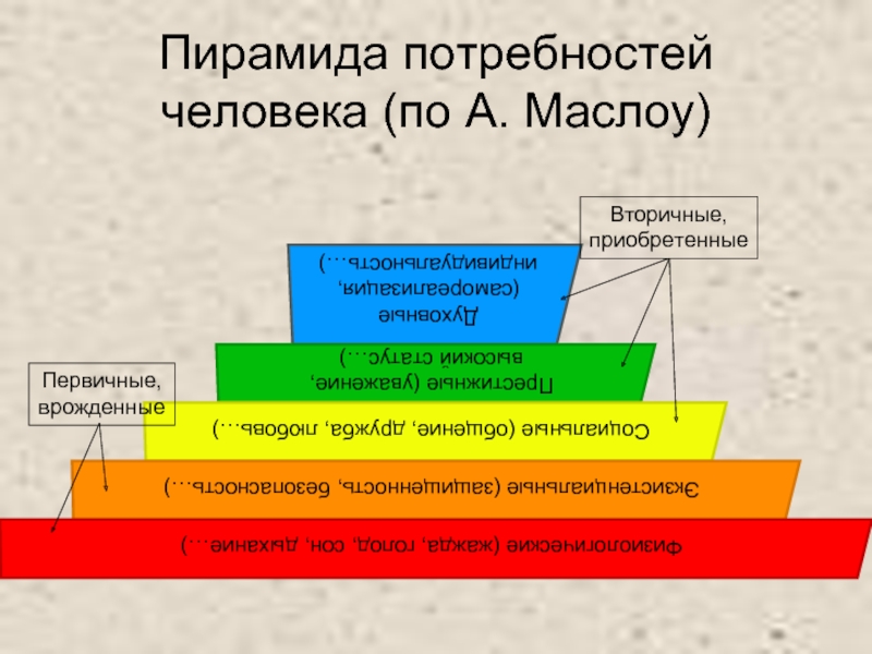 Пирамида потребностей человека (по А. Маслоу)Первичные,врожденныеВторичные,приобретенные