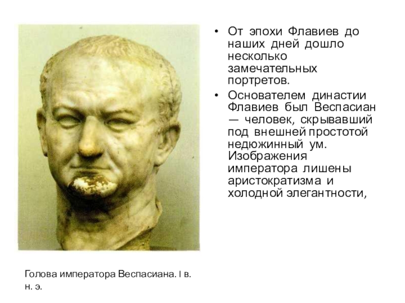 От эпохи Флавиев до наших дней дошло несколько замечательных портретов. Основателем династии Флавиев был Веспасиан — человек,