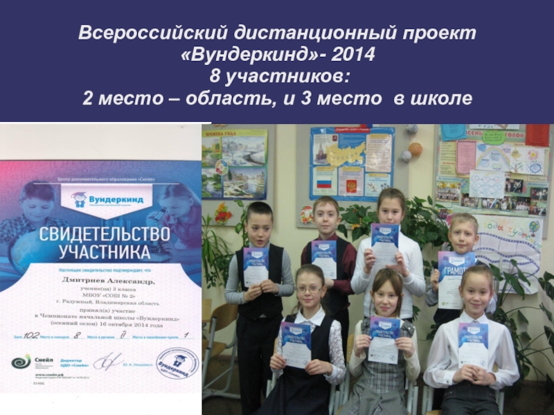 Всероссийский дистанционный проект «Вундеркинд»- 2014  8 участников: 2 место – область, и 3 место в